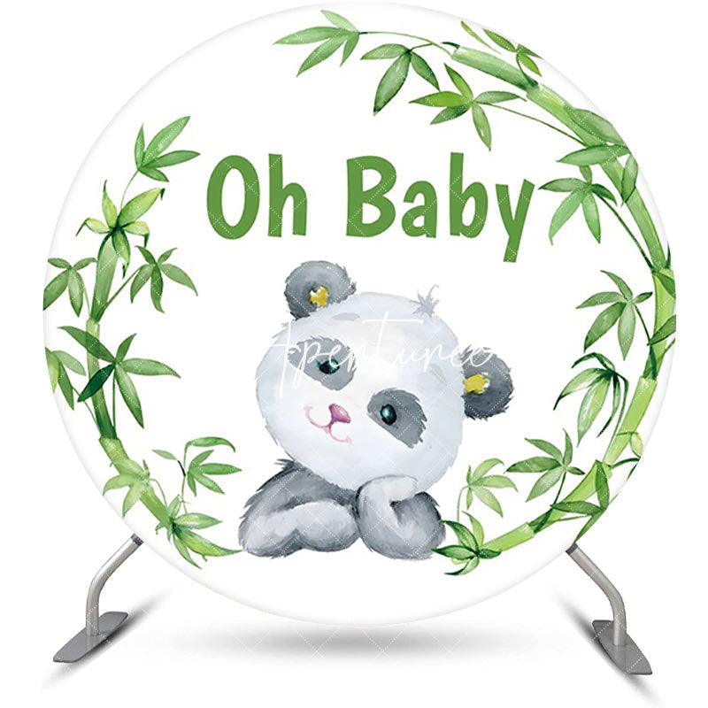 Aperturee - Round Green Bamboo Panda White Baby Shower Backdrop