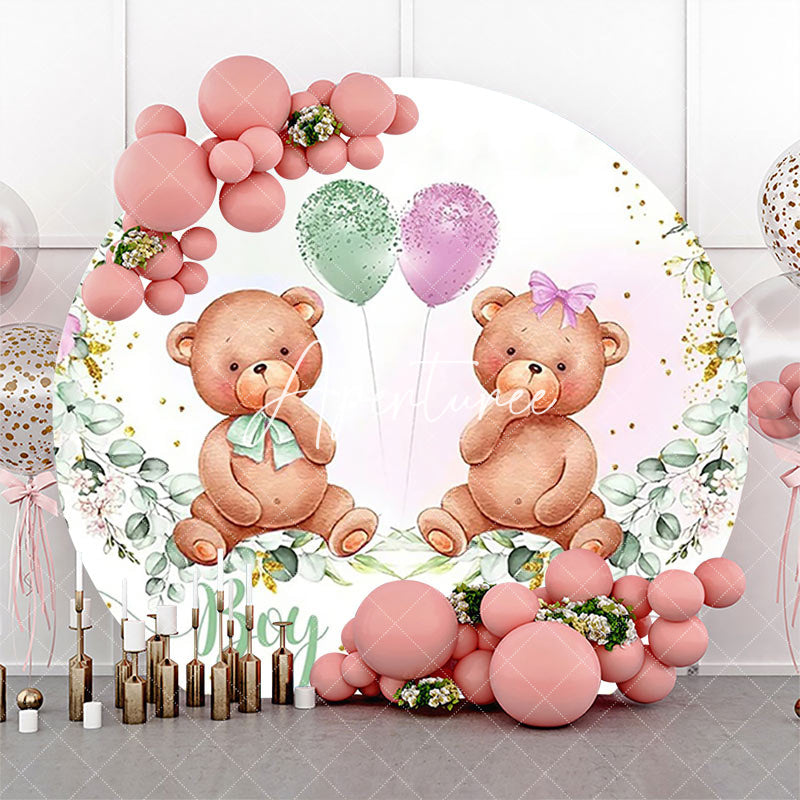 Aperturee - Round Green Leaf Teddy Bear Gender Reveal Backdrop