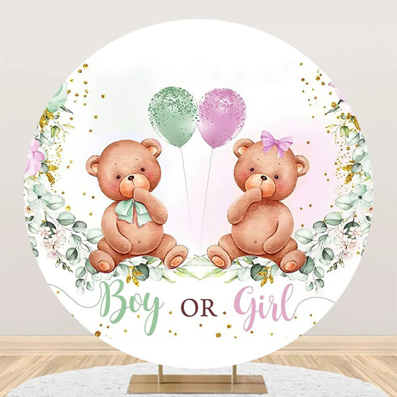 Aperturee - Round Green Leaf Teddy Bear Gender Reveal Backdrop