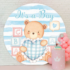 Aperturee - Round Its A Boy Bear Blue Baby Shower Backdrop