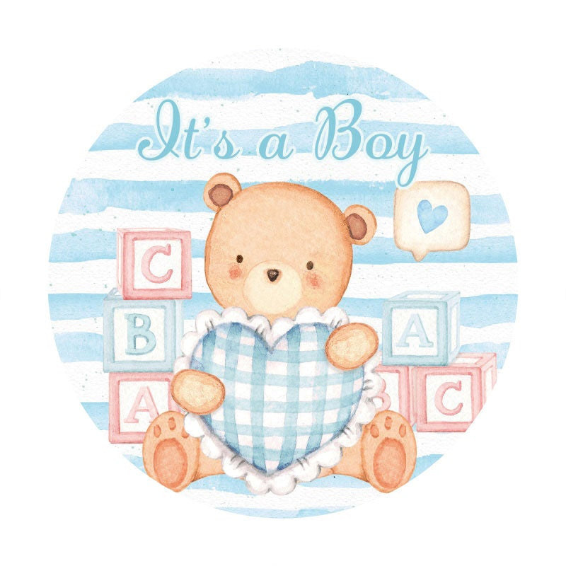 Aperturee - Round Its A Boy Bear Blue Baby Shower Backdrop