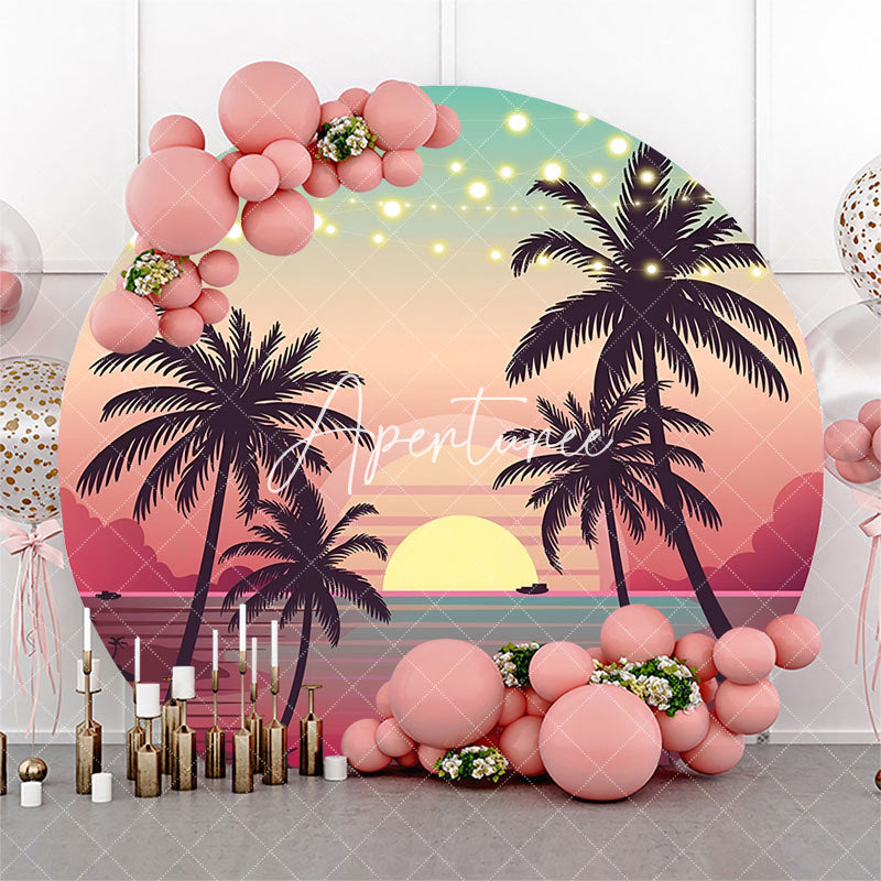 Aperturee - Round Light Summer Sunset Palm Trees Beach Backdrop