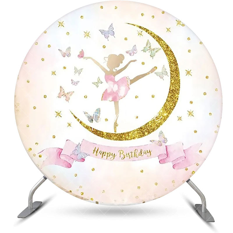 Aperturee - Round Moon Butterfly Ballet Girl Birthday Backdrop