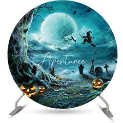 Aperturee - Round Moon Night Tree Cemetery Halloween Backdrop