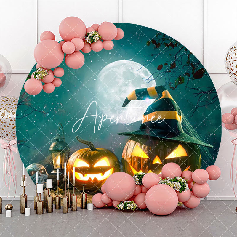 Aperturee - Round Moon Night Wooden Floor Halloween Backdrop