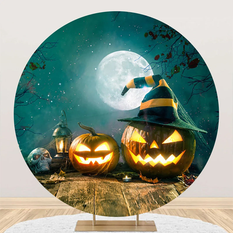 Aperturee - Round Moon Night Wooden Floor Halloween Backdrop