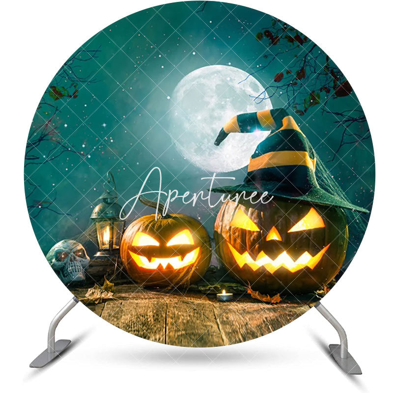 Aperturee - Round Moon Night Wooden Floor Halloween Backdrop