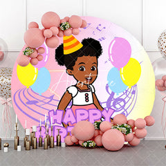 Aperturee - Round Musical Balloons Girl Happy Birthday Backdrop