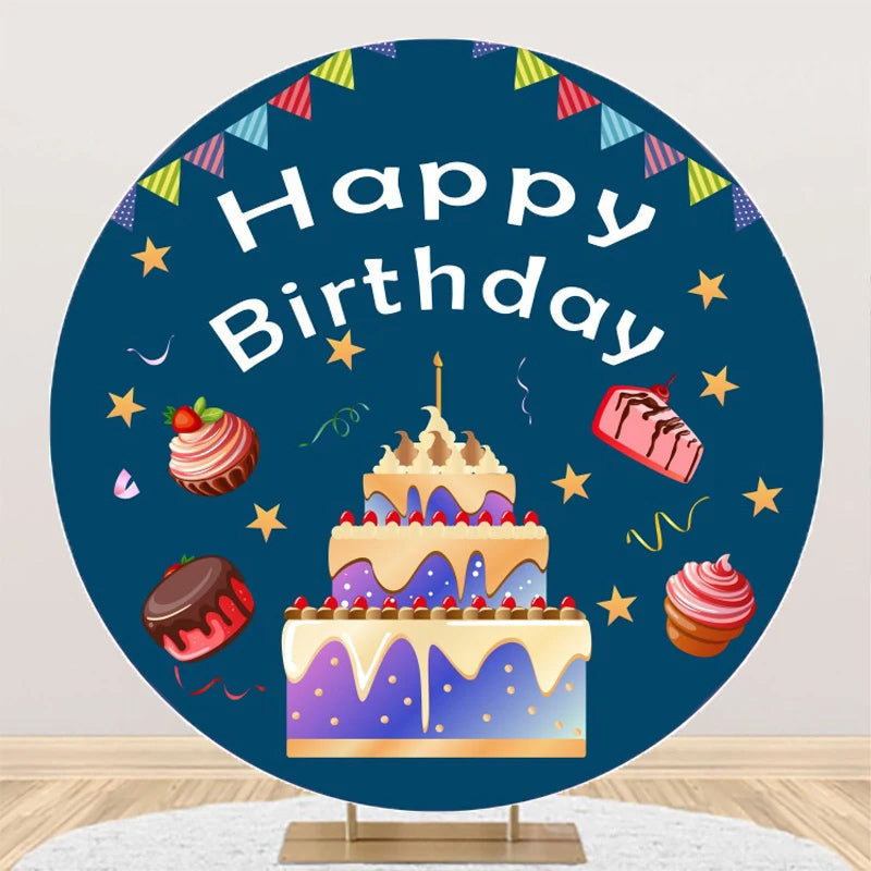 Aperturee - Round Navy Blue Cake Desserts Backdrop For Birthday