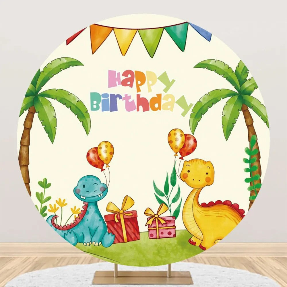 Aperturee - Round Palm Trees Gifts Dinosaurs Birthday Backdrop