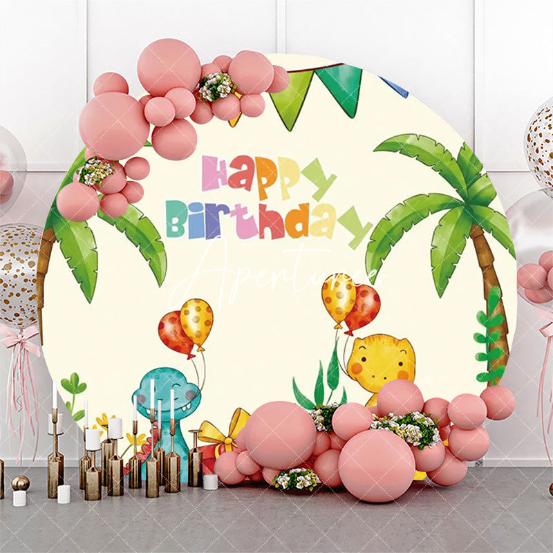 Aperturee - Round Palm Trees Gifts Dinosaurs Birthday Backdrop