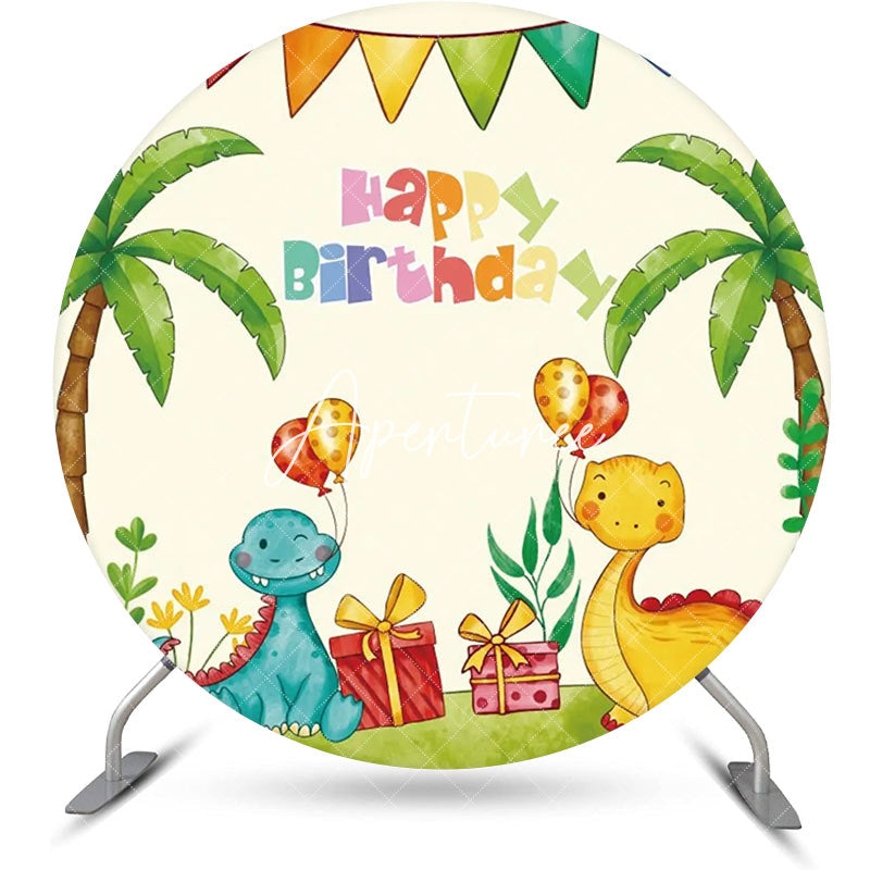 Aperturee - Round Palm Trees Gifts Dinosaurs Birthday Backdrop