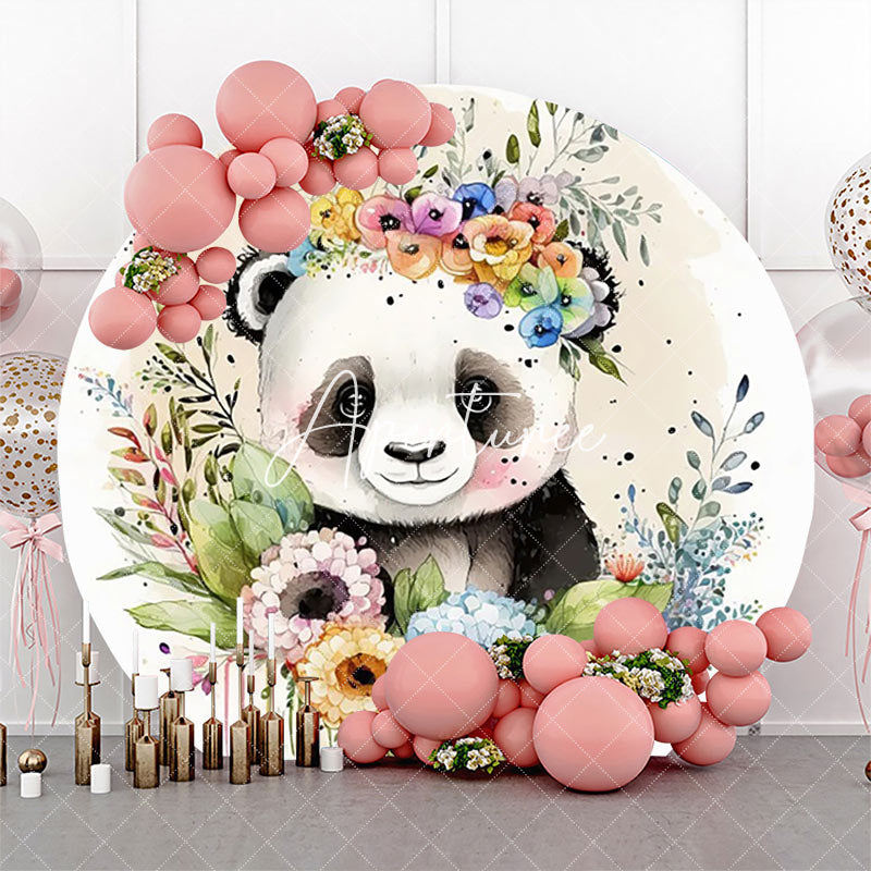 Aperturee - Round Panda Floral Greenery Baby Shower Backdrop