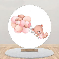 Aperturee - Round Pink Balloons Bear Backdrop For Baby Shower