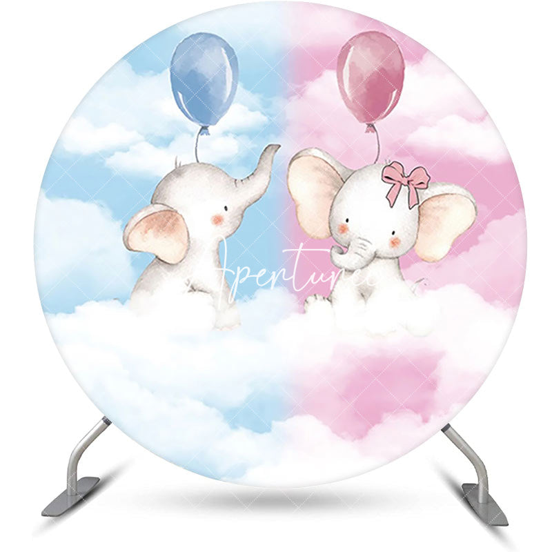 Aperturee - Round Pink Blue Clould Elephant Baby Shower Backdrop