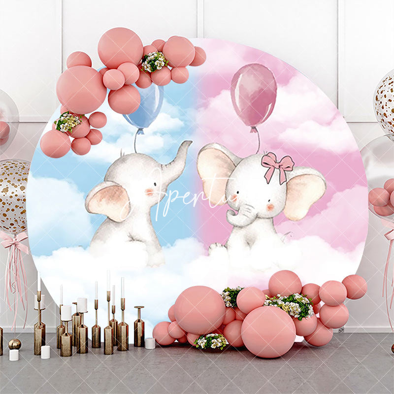 Aperturee - Round Pink Blue Clould Elephant Baby Shower Backdrop