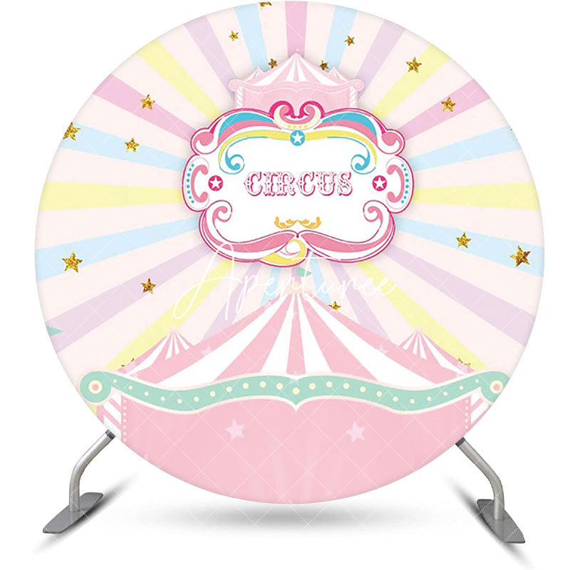 Aperturee - Round Pink Circus Stars Rainbow Birthday Backdrop