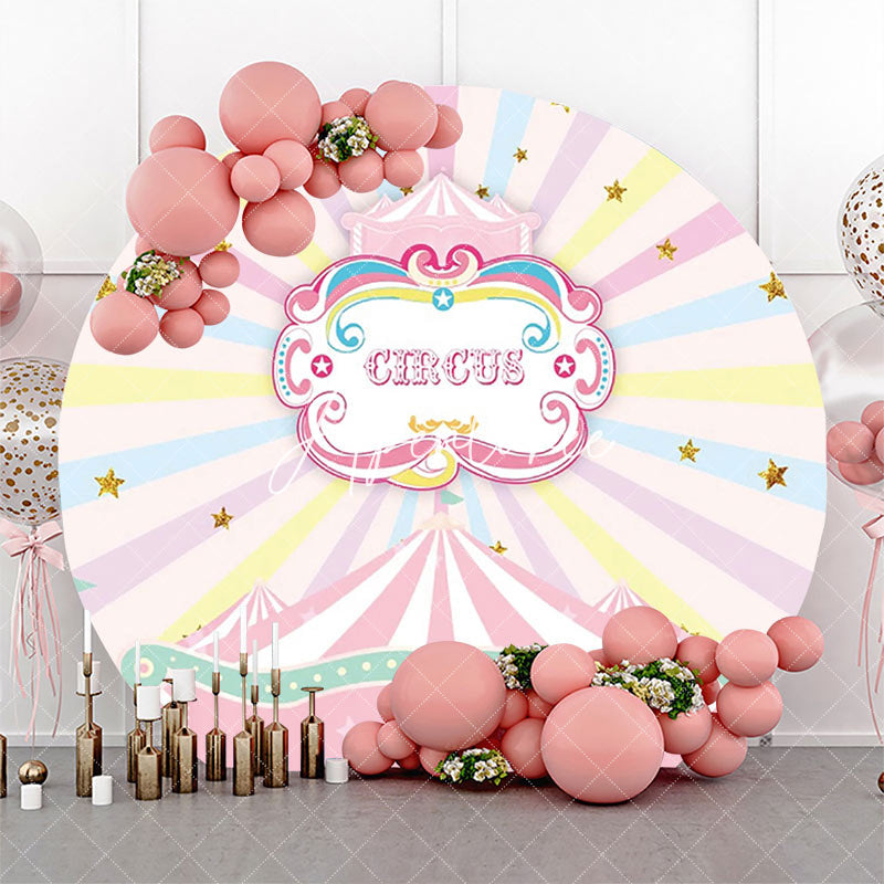 Aperturee - Round Pink Circus Stars Rainbow Birthday Backdrop