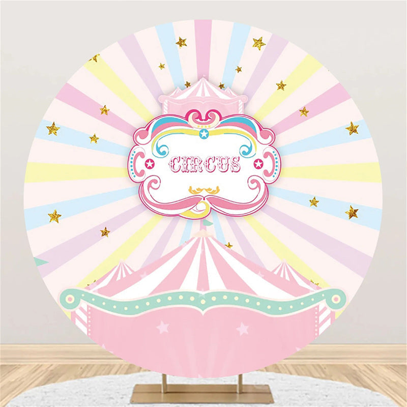 Aperturee - Round Pink Circus Stars Rainbow Birthday Backdrop