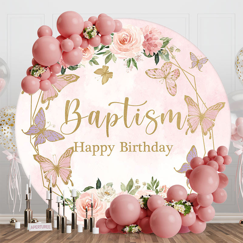 Aperturee - Round Pink Floral Baptism Happy Birthday Backdrop