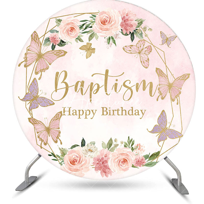 Aperturee - Round Pink Floral Baptism Happy Birthday Backdrop