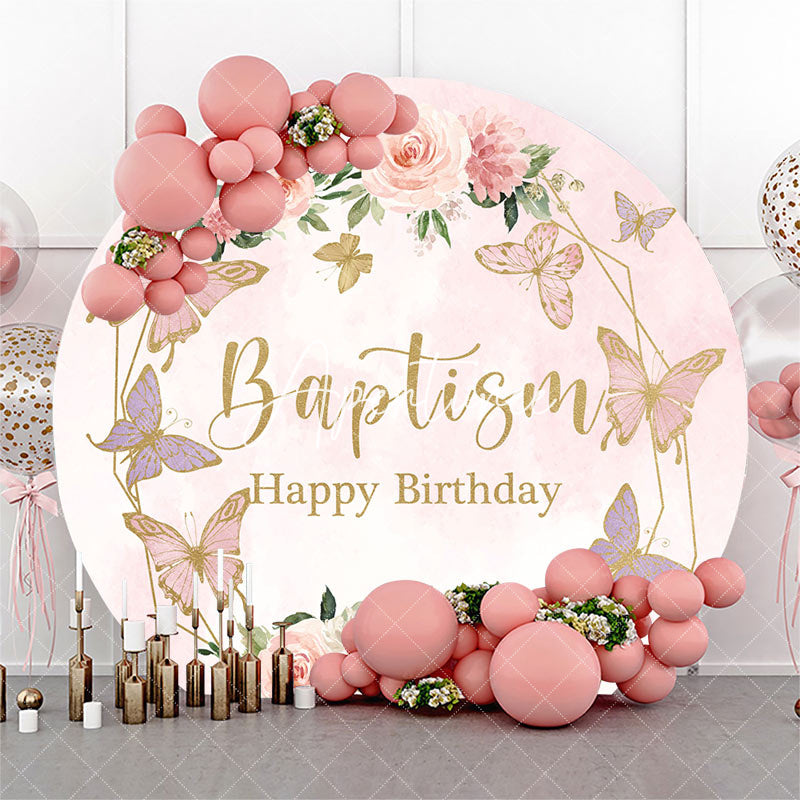 Aperturee - Round Pink Floral Baptism Happy Birthday Backdrop