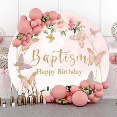 Aperturee - Round Pink Floral Baptism Happy Birthday Backdrop