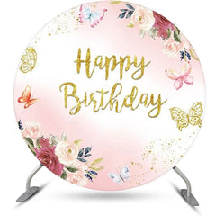 Aperturee - Round Pink Floral Butterfly Gold Birthday Backdrop