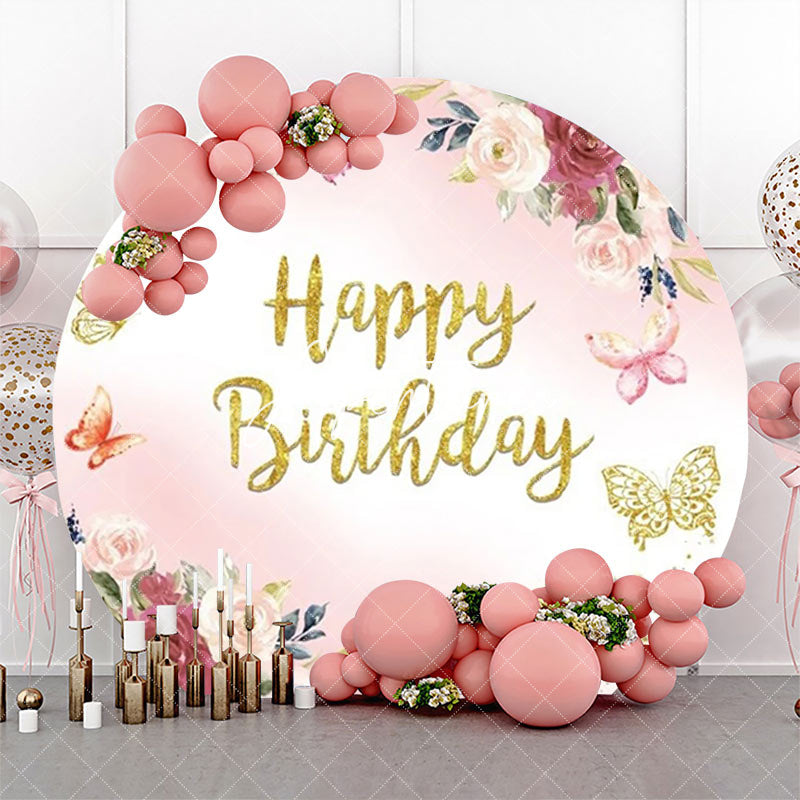 Aperturee - Round Pink Floral Butterfly Gold Birthday Backdrop