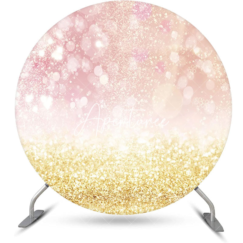 Aperturee - Round Pink Golden Glitter Bokeh Birthday Backdrop