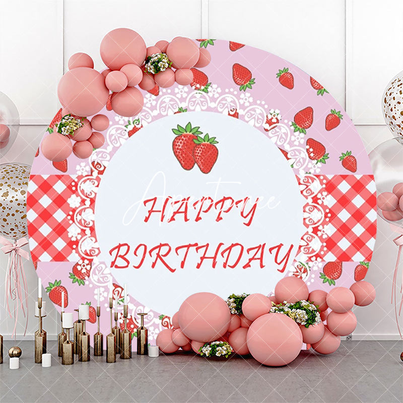 Aperturee - Round Pink Red Strawberry Happy Birthday Backdrop