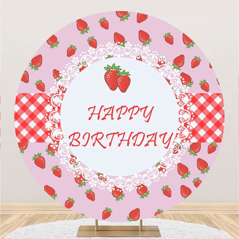 Aperturee - Round Pink Red Strawberry Happy Birthday Backdrop