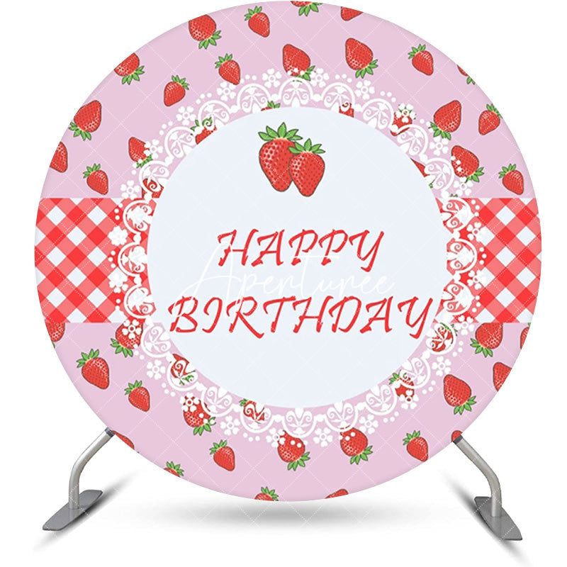 Aperturee - Round Pink Red Strawberry Happy Birthday Backdrop