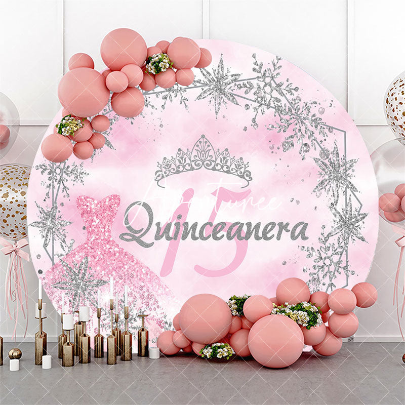 Aperturee - Round Pink Silver Sparkle 15th Birthday Backdrop