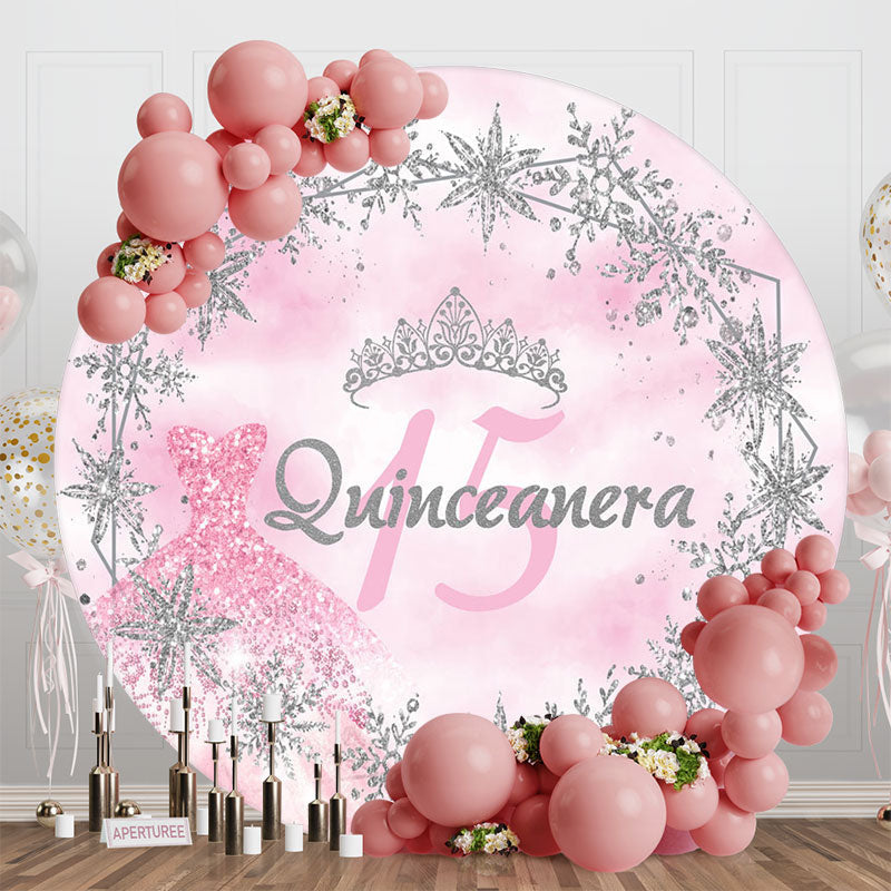 Aperturee - Round Pink Silver Sparkle 15th Birthday Backdrop