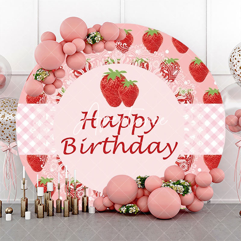 Aperturee - Round Pink Strawberry Plaid Happy Birthday Backdrop