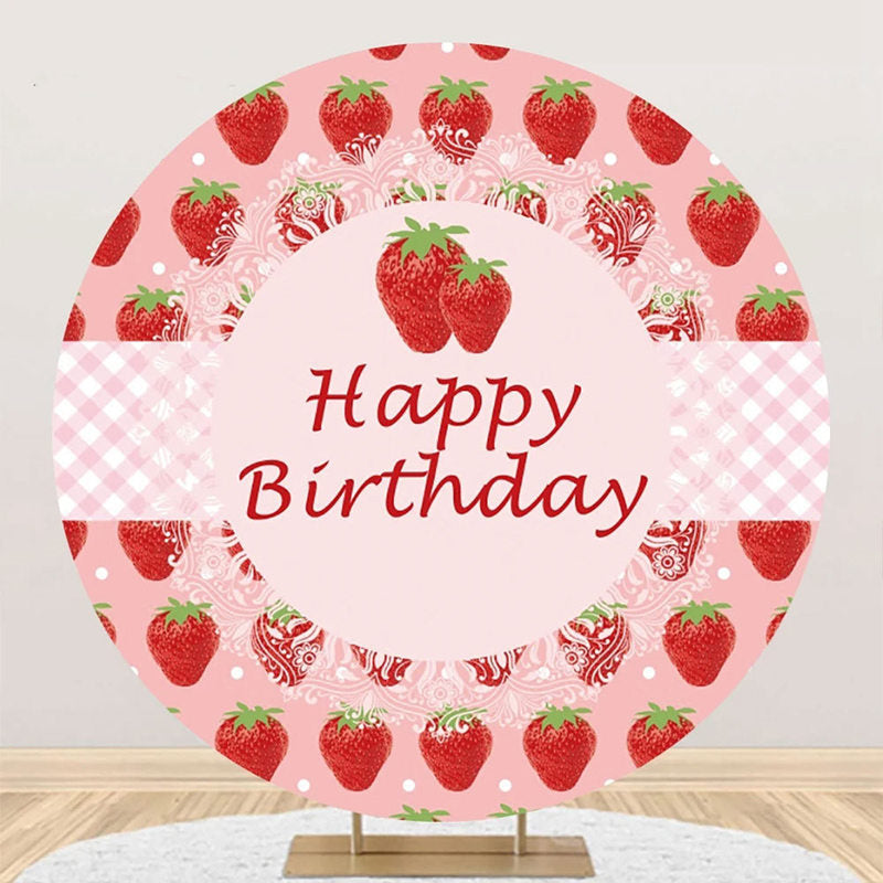 Aperturee - Round Pink Strawberry Plaid Happy Birthday Backdrop