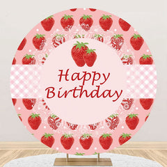 Aperturee - Round Pink Strawberry Plaid Happy Birthday Backdrop