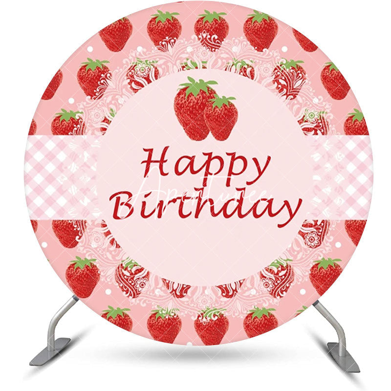 Aperturee - Round Pink Strawberry Plaid Happy Birthday Backdrop