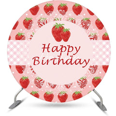 Aperturee - Round Pink Strawberry Plaid Happy Birthday Backdrop