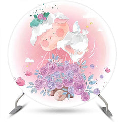 Aperturee - Round Pink White Floral Rabbit Baby Shower Backdrop