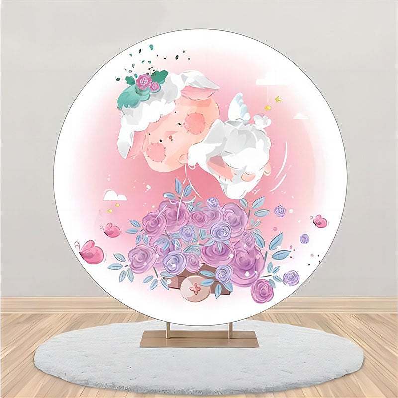 Aperturee - Round Pink White Floral Rabbit Baby Shower Backdrop