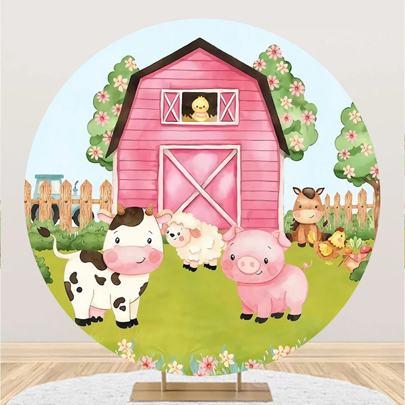 Aperturee - Round Pink Wood Barn Floral Animal Birthday Backdrop