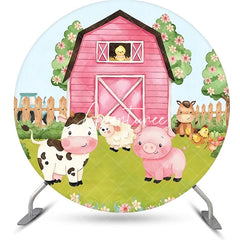 Aperturee - Round Pink Wood Barn Floral Animal Birthday Backdrop