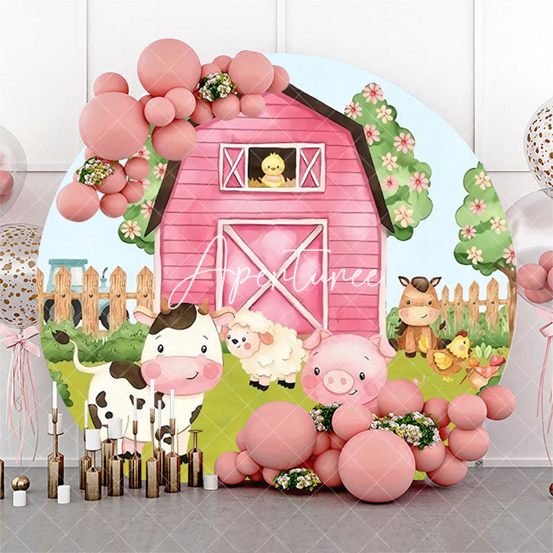 Aperturee - Round Pink Wood Barn Floral Animal Birthday Backdrop