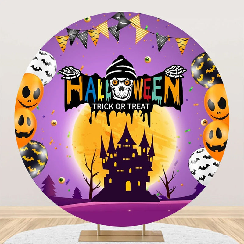 Aperturee - Round Purple Moon Halloween Trick Or Treat Backdrop