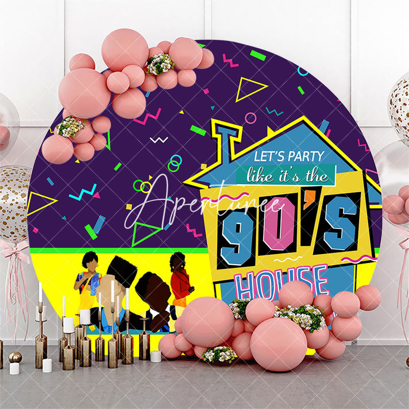 Aperturee - Round Purple Yellow Ribbons 90s House Party Backdrop