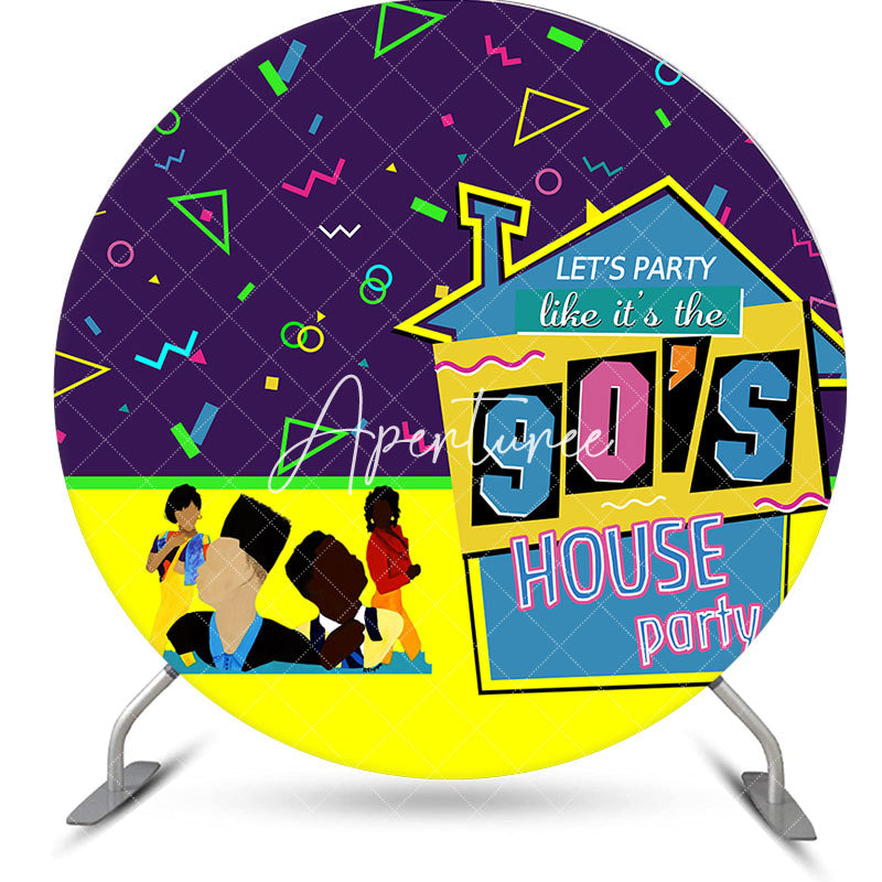 Aperturee - Round Purple Yellow Ribbons 90s House Party Backdrop