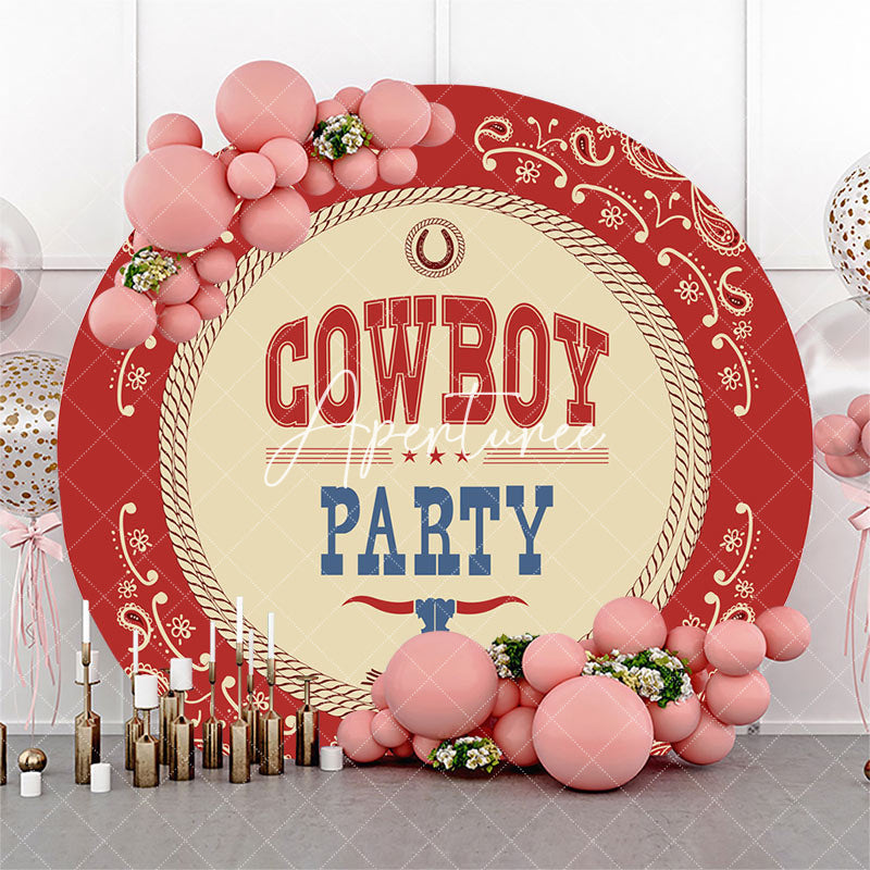 Aperturee - Round Red Beige Prints Vintage Cowboy Party Backdrop