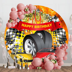 Aperturee - Round Red Yellow Racing Flag Tire Birthday Backdrop